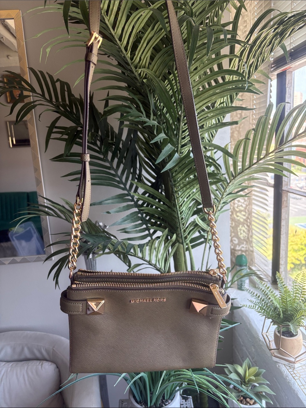 Michael Kors Olive Crossbody Bag with Gold Hardware